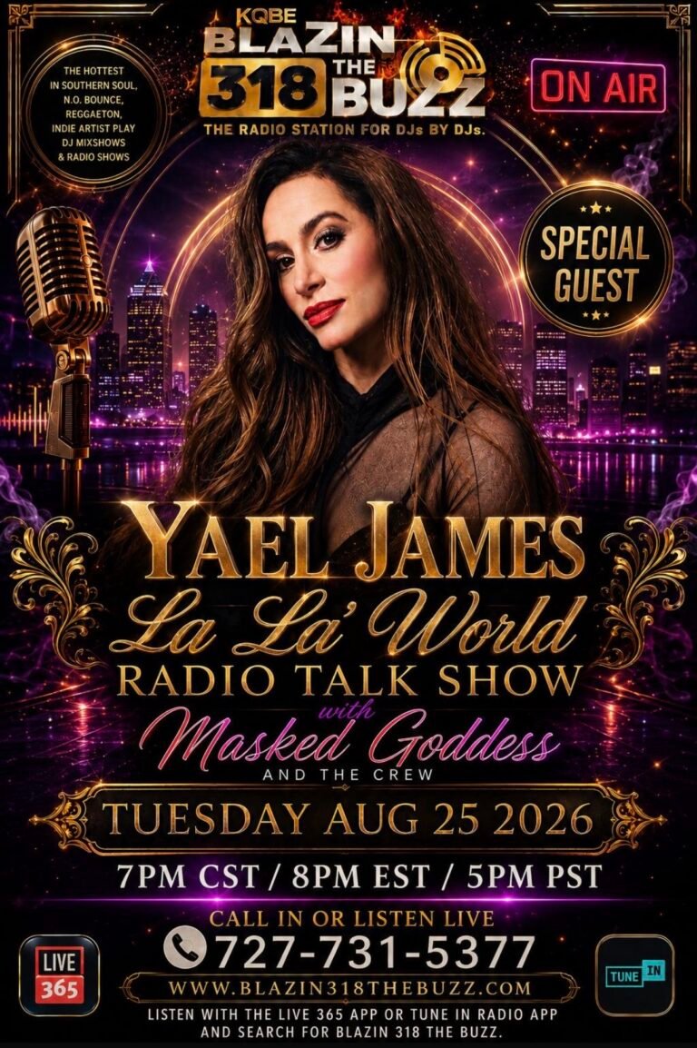 INVITING YOU TO JOIN YAEL JAMES' 1st USA INTERVIEW with KQBE BLAZIN 318 THE BUZZ. TUESDAY AUGUST 25, 2026. AT 7PM CST/8P EST/5PM PST TUNE IN TO CATCH THIS SPECIAL INTERVIEW AND THE PREMIER OF "TOO BLIND OF LOVIN'" & "MIDNIGHT LULLABY".