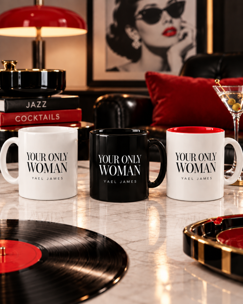 Three YOUR ONLY WOMAN mugs by YAEL JAMES in white, black and white with a red interior, displayed together in a retro lounge setting.