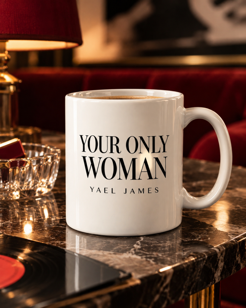 White YOUR ONLY WOMAN coffee mug by YAEL JAMES on a marble table in a vintage lounge.
