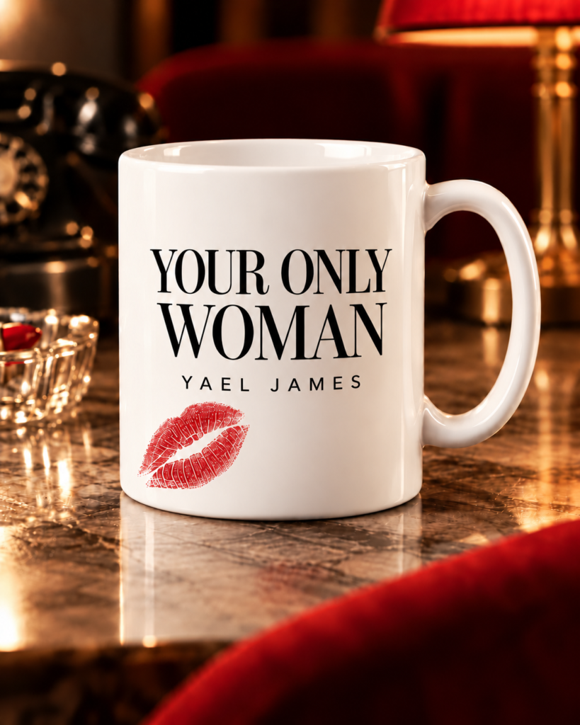 YOUR ONLY WOMAN Red Kiss Mug by YAEL JAMES in white, with statement lettering and a red lipstick-kiss print, displayed in a vintage lounge.